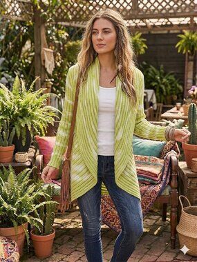 PUR Handknit Lime & White Ribbed Open-Front Cardigan with Shawl Collar